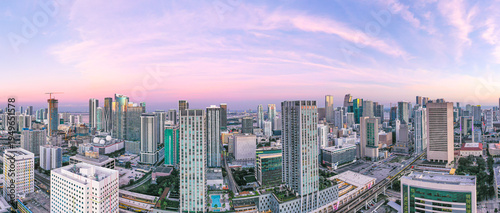 Panoramic Sunset View of Downtown Miami Skyline with Pink Twilight Sky
