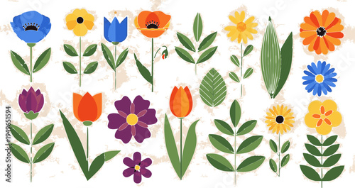 Collection of stylized flat floral and leaves in vibrant colors flowers nature
