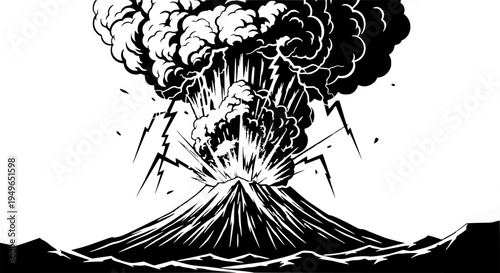 Dramatic black and white of a powerful volcano eruption spewing ash and smoke into the sky
