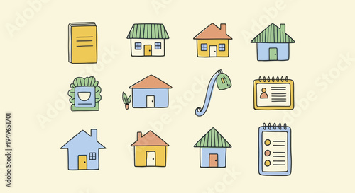 Collection of Hand Drawn House and Document Icons for Real Estate and Home Concepts.