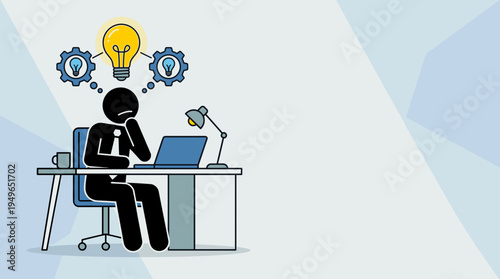 Businessman Thinking of Ideas at Desk with Laptop and Lightbulb