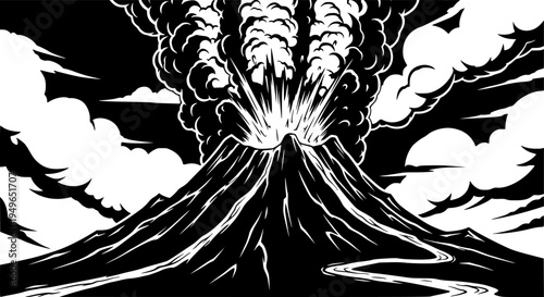 Dramatic black and white of a powerful volcano eruption spewing ash and smoke into the sky
