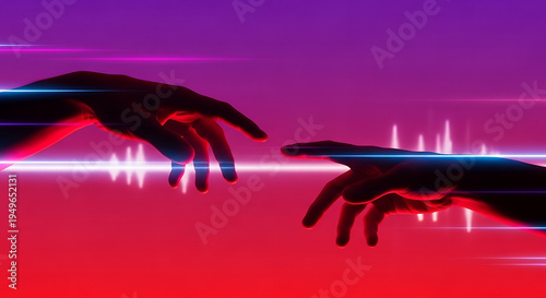 Wallpaper Mural Hands reaching out in a neon-lit environment with purple and red hues Torontodigital.ca