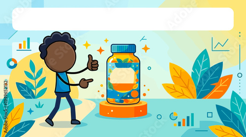 Man Gives Thumbs Up to Vitamin Bottle with Oranges and Leaves