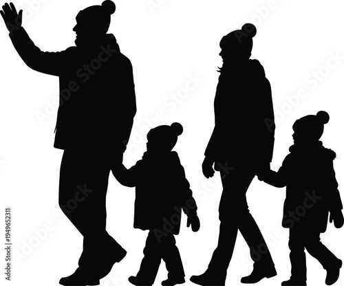 Happy family walking together in winter clothes silhouette isolated on white background for Christmas holiday season and outdoor vacation travel.