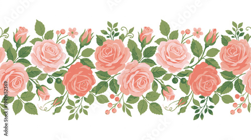 Vector floral border with pink roses green leaves and buds on white background for decoration