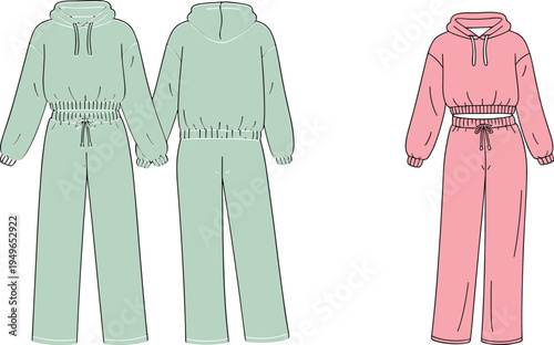 Hoodie and sweatpants set flat sketch, fashion technical drawing, casual outfit design, apparel template, clothing construction illustration