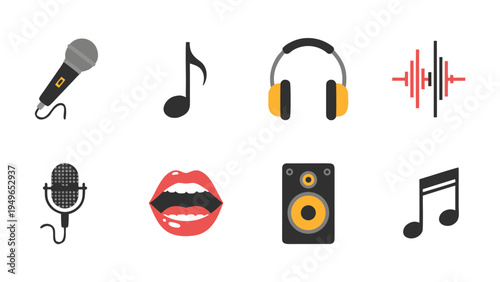 Collection of music and audio icons including microphones, headphones, speaker, and musical notes