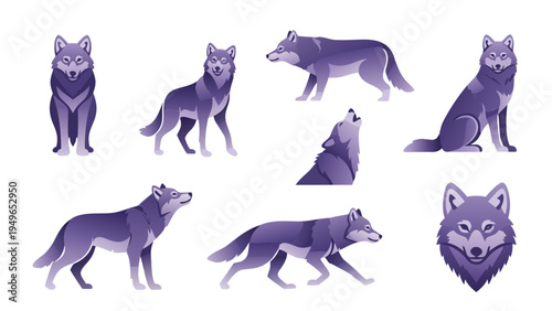 Collection of stylized purple wolves in various poses and actions