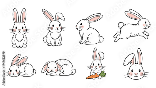 Collection of cute white cartoon bunnies in various playful poses and expressions