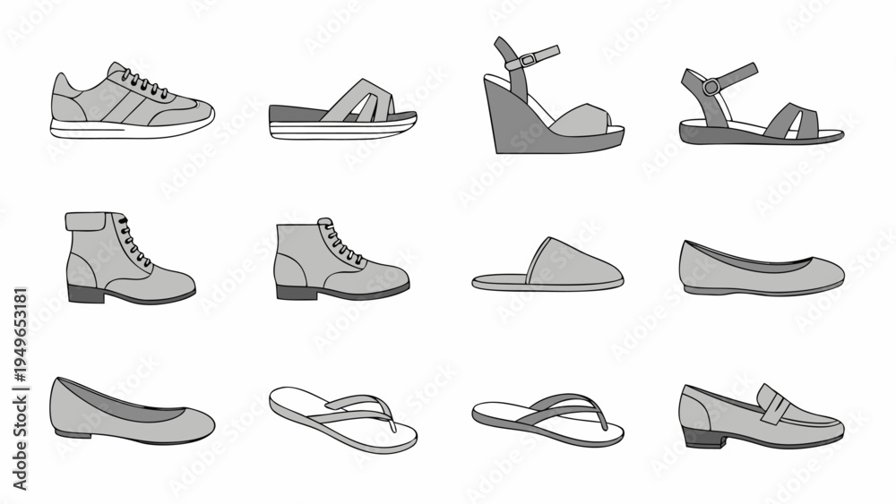 Obraz premium Collection of diverse footwear styles for men and women, presented in a clean graphic.