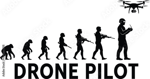 Human evolution silhouette ending with drone pilot, modern technology concept, DRONE PILOT design, humorous illustration of progress