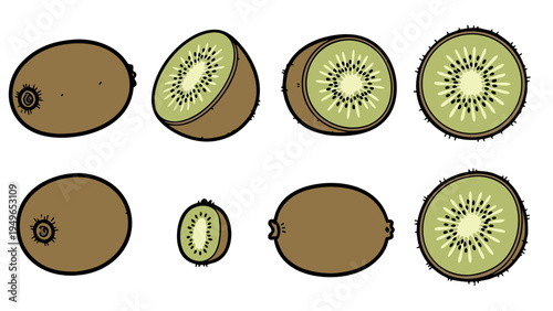 Collection of whole and sliced kiwi fruits in a simple cartoon illustration style