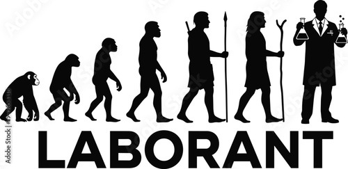 Human evolution silhouette ending with scientist in lab coat, LABORANT concept, humorous science illustration, research evolution design