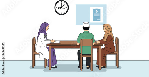 Muslim doctor in hijab consulting with a young couple in a clinic for healthcare and family planning services vector