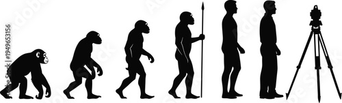Human evolution silhouette ending with surveyor using tripod instrument, modern profession concept, evolution of technology, surveying illustration design