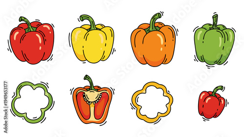 Collection of colorful bell peppers, whole and sliced, in a playful cartoon style