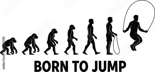 Human evolution silhouette ending with jump rope, funny fitness concept, born to jump, athletic activity, creative illustration
