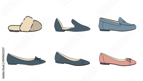 Collection of six different styles of women's flat shoes and slippers