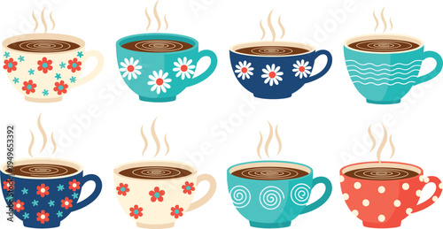 Set of colorful patterned coffee cups with steam and floral designs for cafe menu decoration flat vector illustration