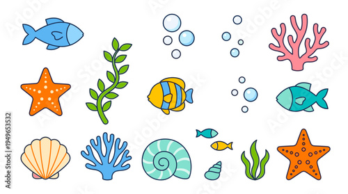 Wallpaper Mural Cute Underwater Elements Collection Fish Coral Sea Life Torontodigital.ca