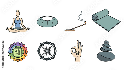 Collection of yoga and meditation icons representing wellness and spiritual practices