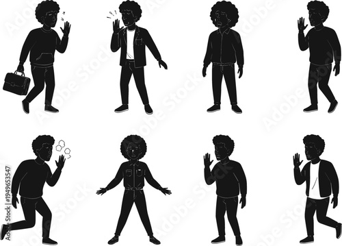 Human silhouette gestures vector set, people coughing sneezing waving talking, communication health behavior illustration icons