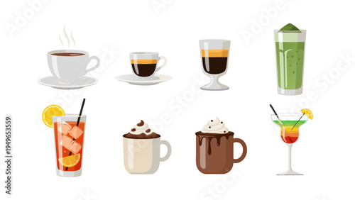 Collection of hot and cold beverages including coffee, cocktails, and matcha latte