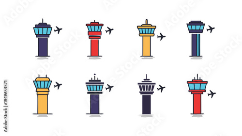 Collection of diverse air traffic control tower icons with airplanes flying nearby