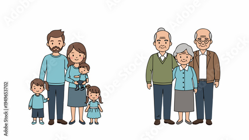 Diverse generations of a family depicted in a charming cartoon style on a white background