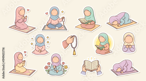 Muslim Hijabi Girls Praying Reading Quran and Holding Prayer Beads