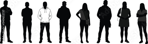 Human silhouettes collection, diverse people standing together, casual clothing mix, hoodie highlight, lifestyle diversity illustration set, vector art