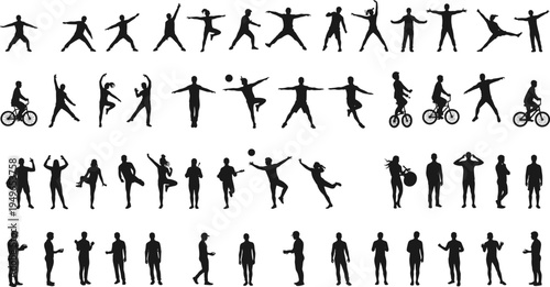 Human silhouettes collection, diverse people in motion and activities, walking running dancing sports lifestyle illustration set, vector art
