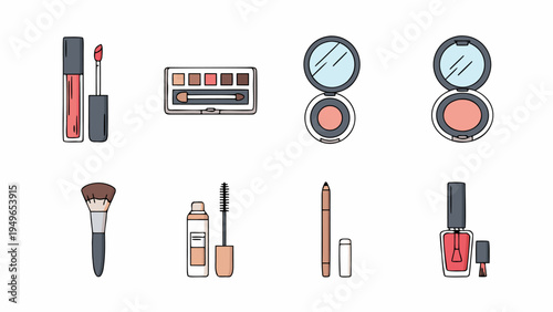 Collection of flat design makeup and beauty products for a flawless look