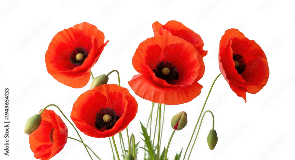 Fototapeta premium Vibrant red poppies with green stems and buds on white background symbolizing remembrance and hope