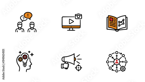 Modern icons representing teamwork, online presentation, marketing strategy, and creative ideas.