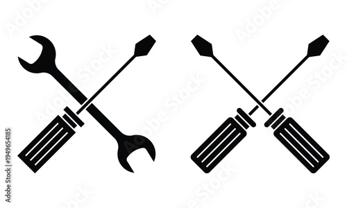 Crossed Wrench Screwdriver Solid Silhouettes Duo Handle Pointed Variants