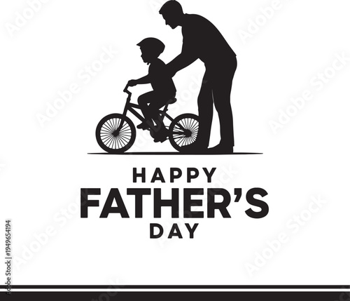 Happy Father's Day Teaching Bike Riding Silhouette Vector Illustration of Dad and Child Learning to Cycle