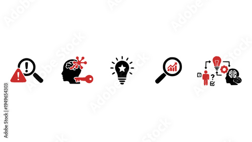 Vector icons representing risk analysis, troubleshooting, ideas, and problem detection concepts.