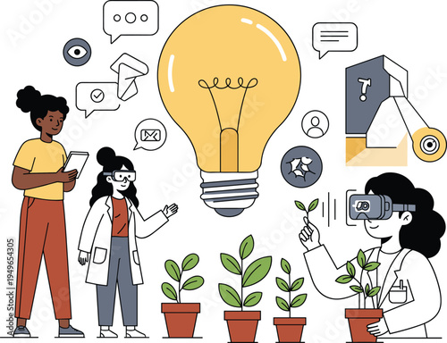 Innovation illustration, science teamwork, tablet, lab coat, VR goggles, light bulb, biotech, research, technology icons, potted plants