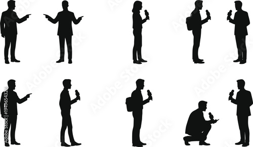 Interview silhouette, reporter pose, journalism job, microphone talk, media worker, press occupation, news interview, professional communication