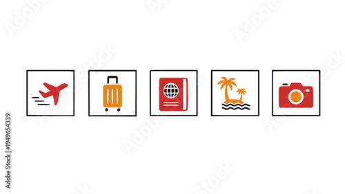 Vector icons featuring airplane tickets, passport, luggage, beach vacation, and travel photography.