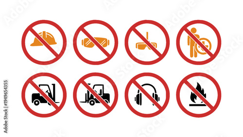 Warning and prohibition icons indicating restricted actions and safety regulations.