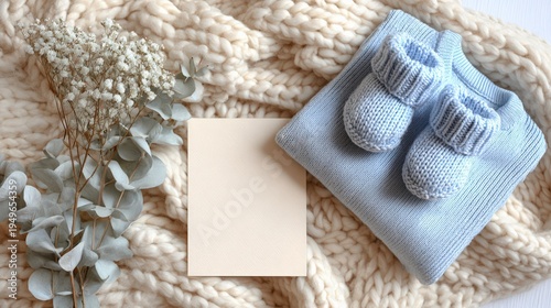 Minimalist Baby Boy Announcement Flat Lay with Blue Accessories