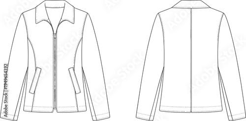 Jacket flat sketch front and back, fashion technical drawing, garment design, apparel template, clothing construction details