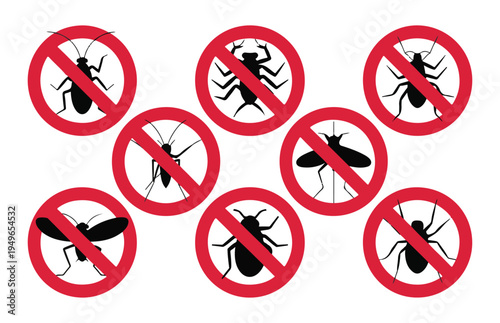 Mosquitoes and flies prohibition signs showing insects like mosquito and fly with red circle