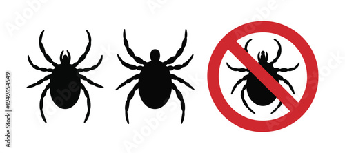 Set of black tick silhouettes and red stop sign icons representing parasitic pest prevention
