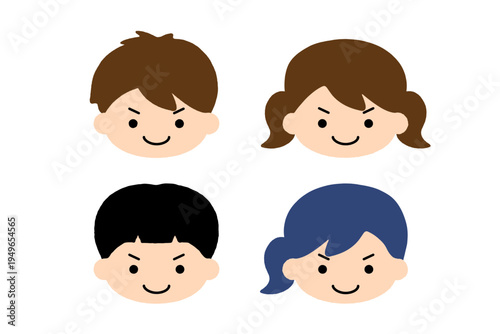 やる気の子供の顔アイコンセット 男の子と女の子の笑顔表情 キッズキャラクター感情イラスト