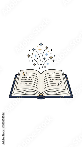 An open book with stars, a moon, and a feather emerging, symbolizing imagination, creativity, and the magic of stories and learning