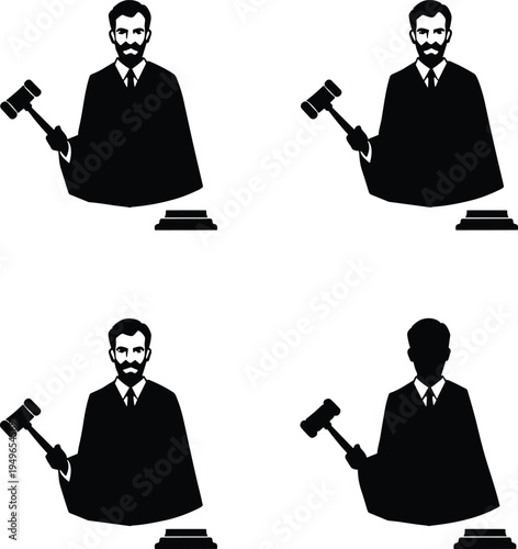 Judge silhouette illustration with gavel, courtroom justice, law authority, trial verdict, legal decision, judiciary, professional concept design
